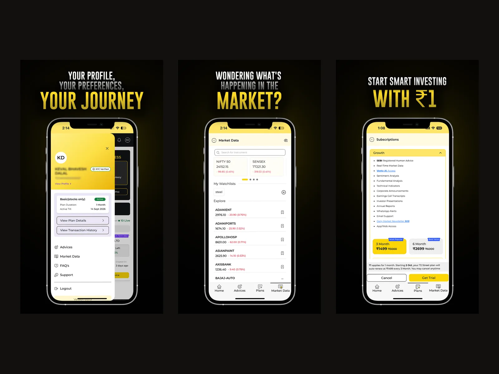 72 Street profile, market data and subscription screens on phones