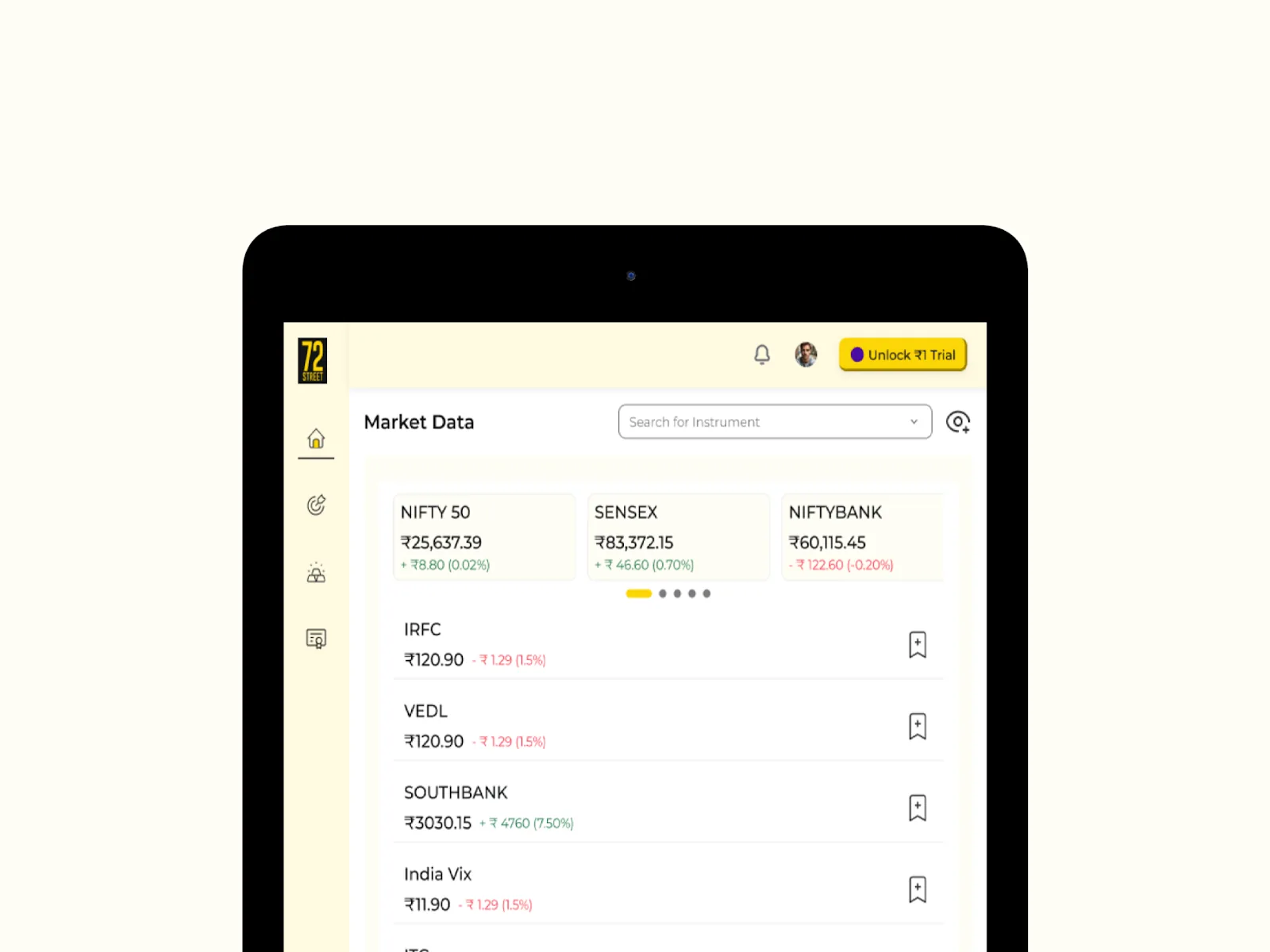 Market data and watchlist on tablet