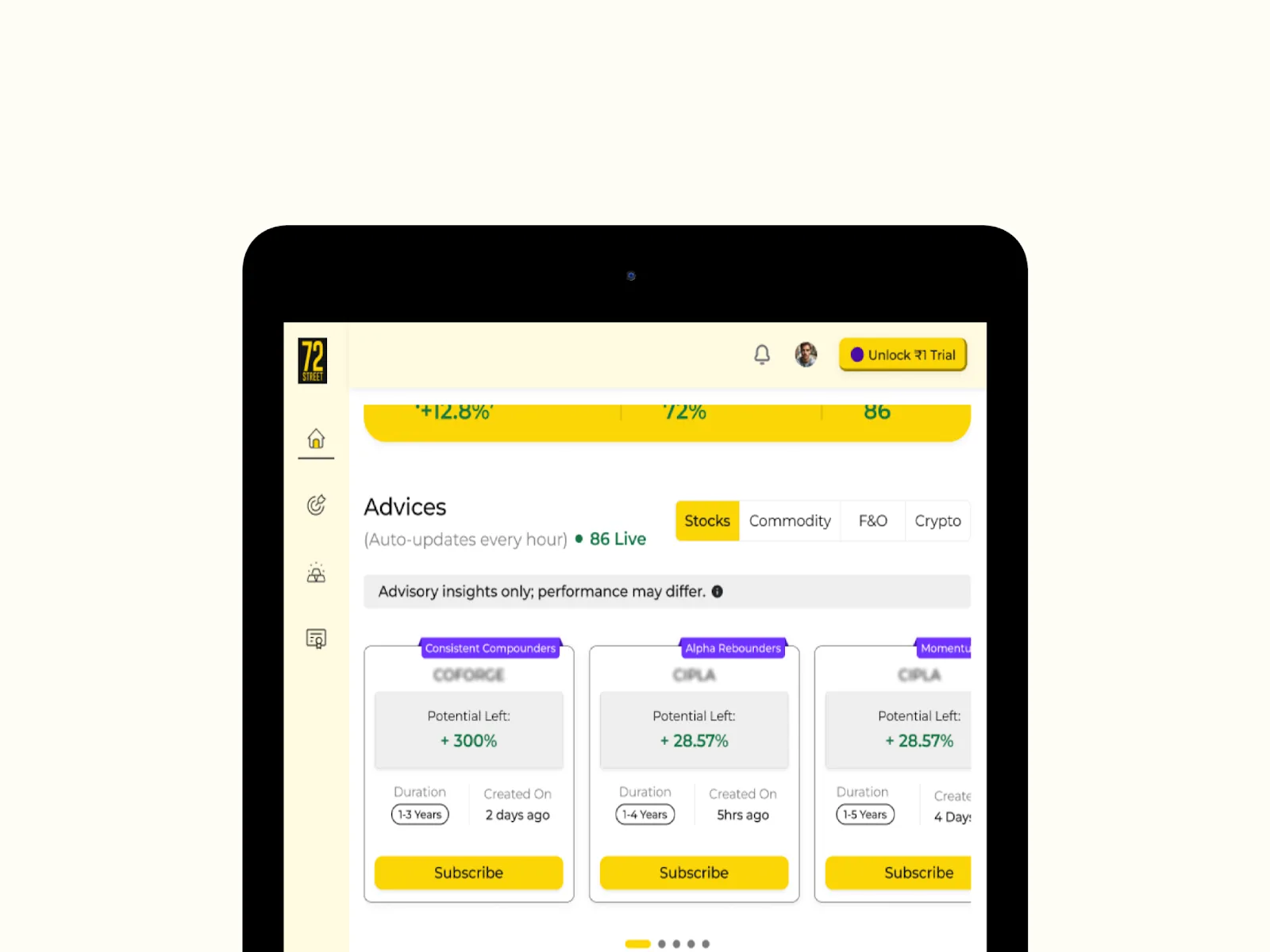 Advice cards with potential left and subscribe actions on tablet