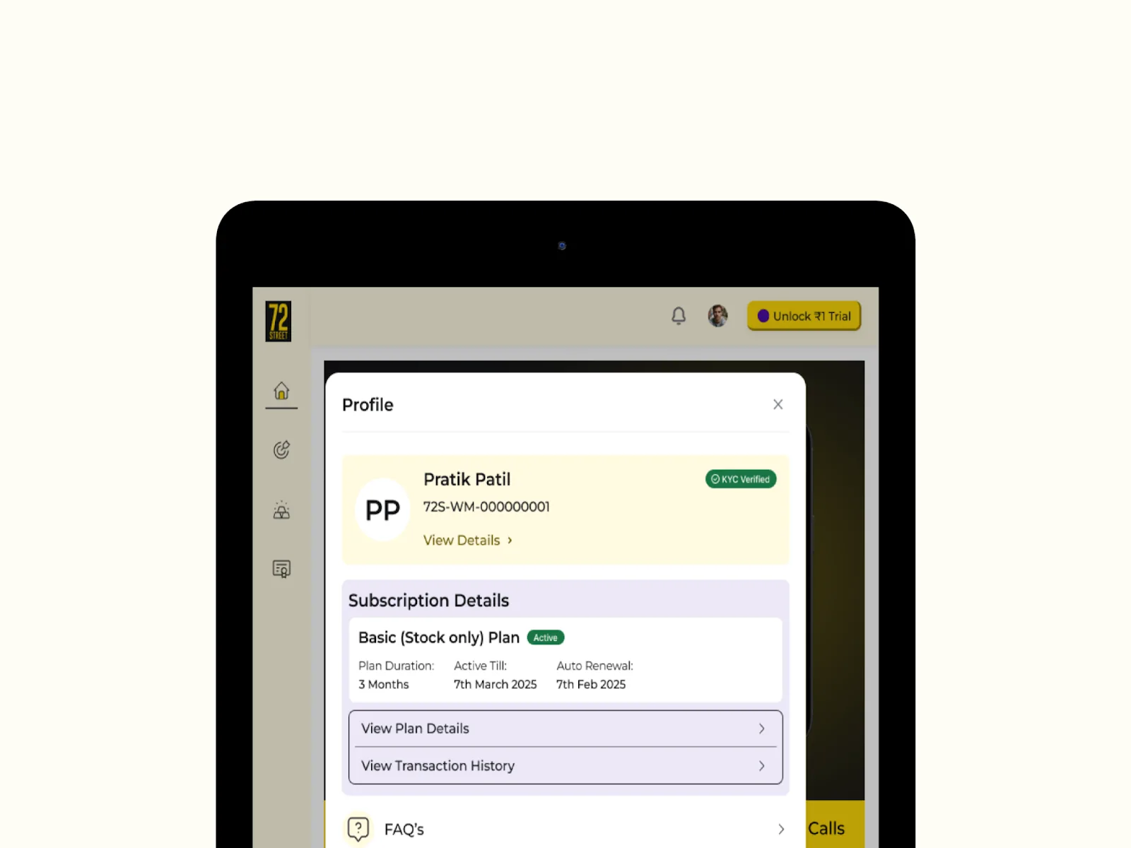 Profile and subscription details on tablet
