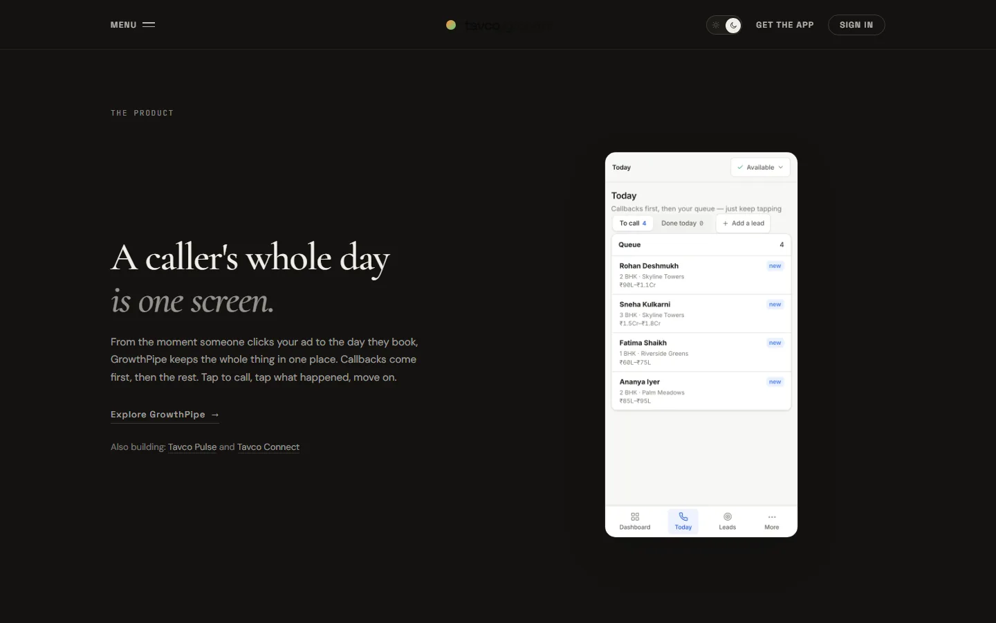 GrowthPipe product section: a caller's whole day is one screen
