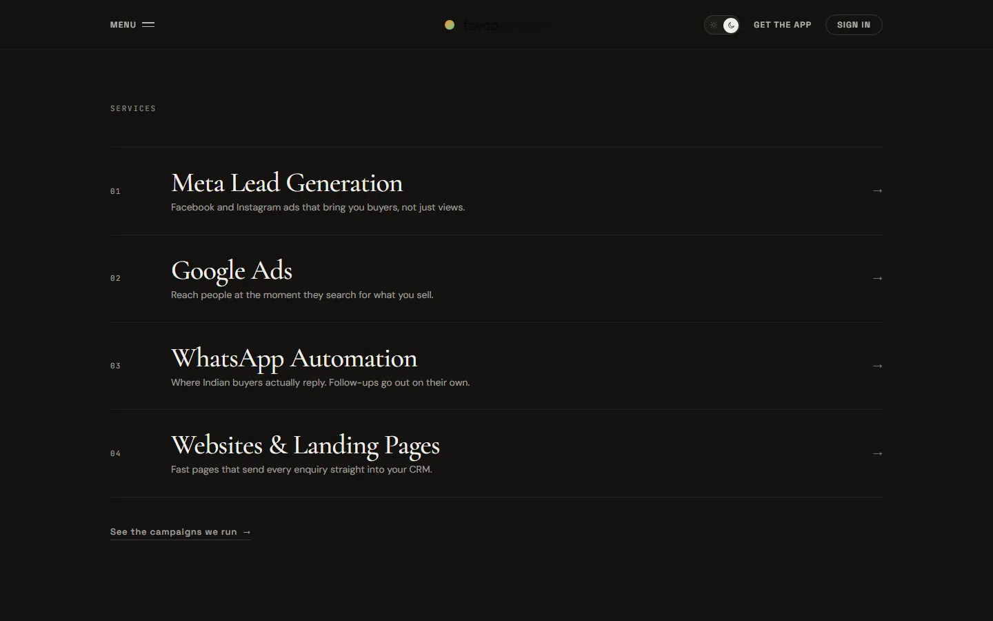 Services: Meta lead generation, Google Ads, WhatsApp automation, websites